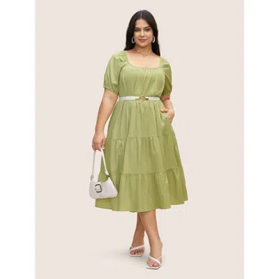 Bloomchic Women's Plus Size Texture Gathered Ruffle Layered Hem Midi Dress Applegreen Synthetic Texture Midi V