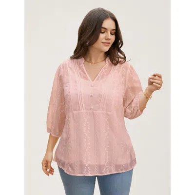 Bloomchic Women's Plus Size Texture Mesh Button Detail Tucked Seam Blouse Lightpink Solid Elegant 3/4 Sleeve V