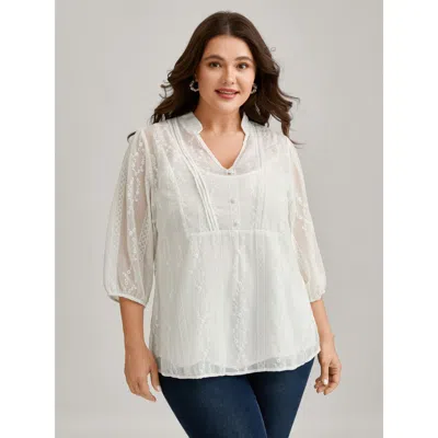 Bloomchic Women's Plus Size Texture Mesh Button Detail Tucked Seam Blouse Originalwhite Solid Elegant 3/4 Slee