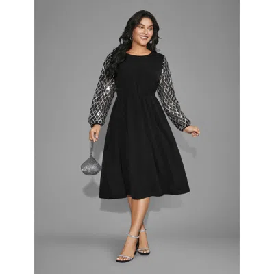 Bloomchic Women's Plus Size Texture Sequin Mesh Patchwork Midi Dress Black Argyle Midi Party Patchwork 10/m