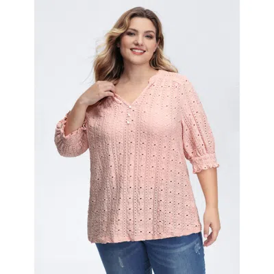Bloomchic Women's Plus Size Texture Shirred Sleeve Cut Out T-shirt Mistyrose Synthetic Texture Casual 3/4 Slee