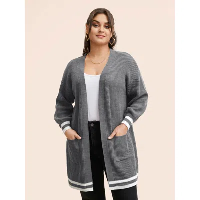 Bloomchic Women's Plus Size Texture Striped Patchwork Patched Pocket Cardigan Darkgray Long Sleeve 12/l In Gray