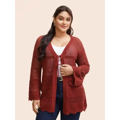 Bloomchic Women's Plus Size Texture Tie Knot Bell Sleeve Cardigan Russet Three Quarter Length Sleeve 30/6x In Brown