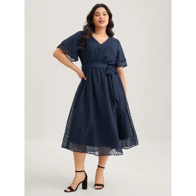 Bloomchic Women's Plus Size Texture Tiered Ruffle Sleeve See Through Dress Navy Solid Midi Elegant Mesh Panel  In Blue