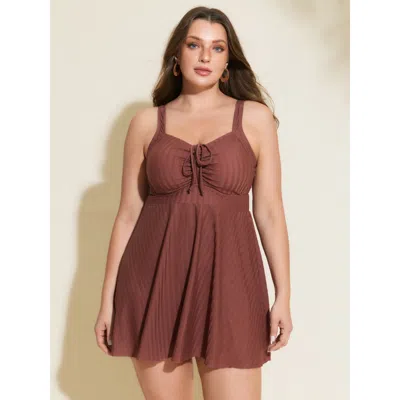 Bloomchic Women's Plus Size Textured Adjustable Drawstring Bodice Swim Dress Rust Solid Cable Knit Adjustable  In Brown