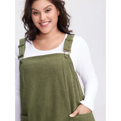 Bloomchic Women's Plus Size Textured Adjustable Overall Pockets Knee-length Dress Moss Non Knee Casual 12/l In Green