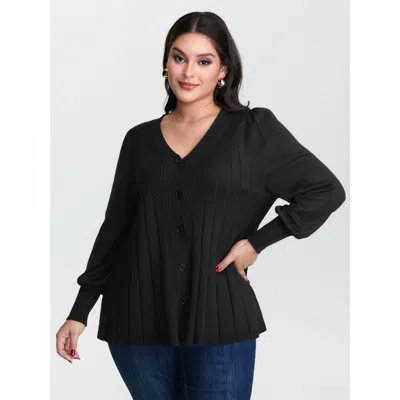 Bloomchic Women's Plus Size Textured A-shaped Hem Lantern Sleeve Knit Cardigan Black Long Sleeve V-neck 22-24/
