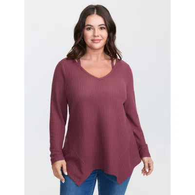 Bloomchic Women's Plus Size Textured Asymmetrical Hem Cut-out Knit Top Scarlet Long Sleeve Casual V-neck 12/l In Red