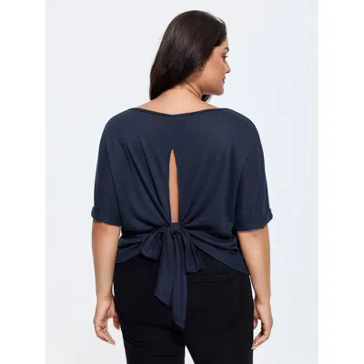 Bloomchic Women's Plus Size Textured Back Cut-out Tied T-shirt Darkblue Solid Casual Short Sleeve Round Neck 1 In Blue