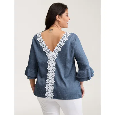 Bloomchic Women's Plus Size Textured Backless Lace Trim Blouse Stone Non Elegant 3/4 Sleeve 10/m In Gray