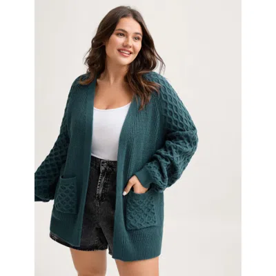 Bloomchic Women's Plus Size Textured Balloon Sleeve Pockets Knit Cardigan Aegean Long Sleeve 10/m In Blue