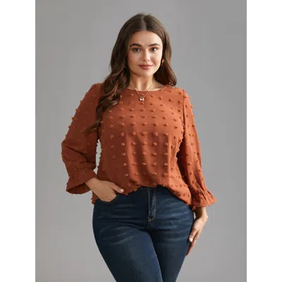 Bloomchic Women's Plus Size Textured Balloon Sleeves Round Neck Blouse Yellowishbrown Synthetic Texture Everyd