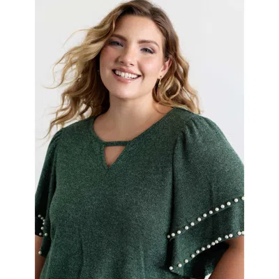 Bloomchic Women's Plus Size Textured Bead Layered Sleeve T-shirt Darkgreen Solid Elegant Short Sleeve V-notch  In Green