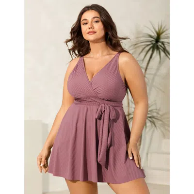 Bloomchic Women's Plus Size Textured Belted Solid Swim Dress Dustypink Non Tie Knot Adaptive-fit 10/m In Pink