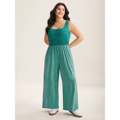 Bloomchic Women's Plus Size Textured Bodice Spliced Pockets Jumpsuit Emerald Casual 28/5x In Green