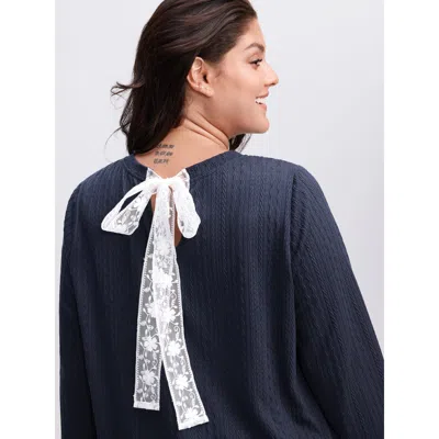 Bloomchic Women's Plus Size Textured Bowknot Color Contrast Sweatshirt Darkblue Casual 12/l In Blue