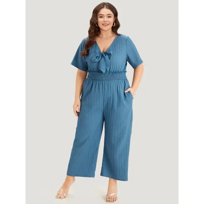 Bloomchic Women's Plus Size Textured Bowknot V Neck Shirred Pocket Jumpsuit Cerulean Dailywear 12/l In Blue