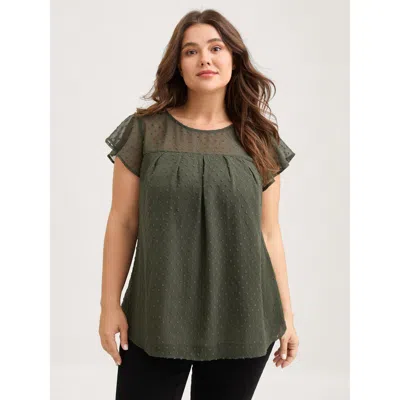 Bloomchic Women's Plus Size Textured Bust-ease Ruffled Sleeve Blouse Armygreen Solid Elegant Short Sleeve Roun