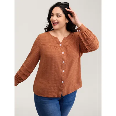 Bloomchic Women's Plus Size Textured Button Detail Pleated Button-down Shirt Rust Casual Extra Long Sleeve 22- In Brown