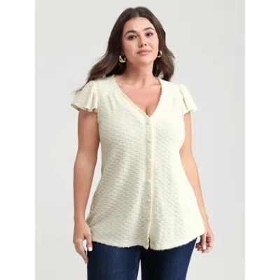 Bloomchic Women's Plus Size Textured Button Detail Ruffled Sleeve T-shirt Beige Non Casual Cap Sleeve 12/l In Sand