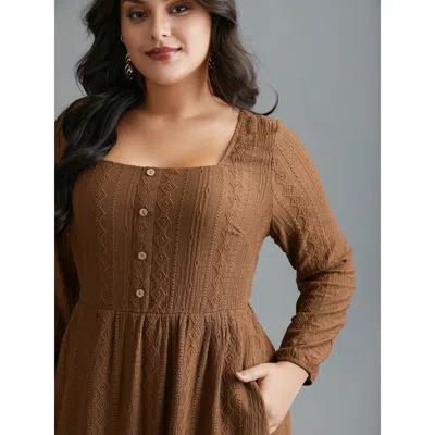 Bloomchic Women's Plus Size Textured Button Detail Square Neck Knit Dress Browncoffeecolor Everyday Knee Textu