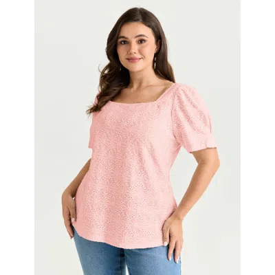 Bloomchic Women's Plus Size Textured Button Detail Square Neckline Knit Top Lightpink Short Sleeve Elegant Squ