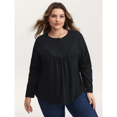 Bloomchic Women's Plus Size Textured Button Placket Knit Top Black Long Sleeve Casual 18-20/2x