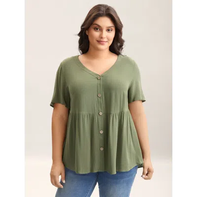 Bloomchic Women's Plus Size Textured Button Placket V-neck Shirt Moss Non Casual Short Sleeve 10/m In Green