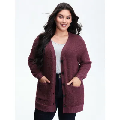 Bloomchic Women's Plus Size Textured Button Pockets Knit Cardigan Plum Long Sleeve 12/l In Purple