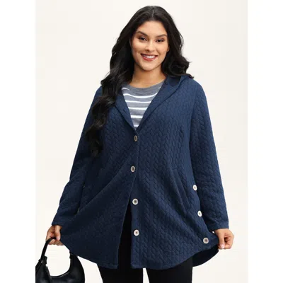 Bloomchic Women's Plus Size Textured Button-down Long Jacket Navy Texture A-line 10/m In Blue