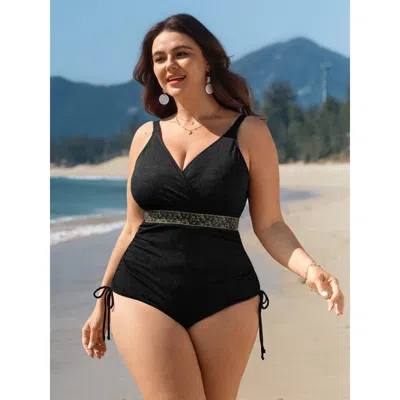 Bloomchic Women's Plus Size Textured Channel Drawstring One-piece Swimsuit Black Bohemian Print Texture Adapti