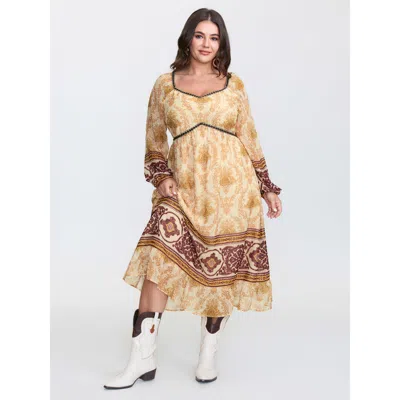 Bloomchic Women's Plus Size Textured Chiffon Printed Contrast Midi Dress Multicolor Ethnic Floral Midi Vacatio