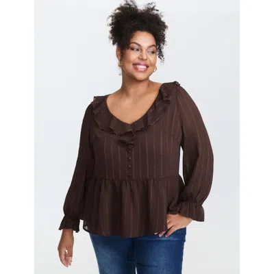 Bloomchic Women's Plus Size Textured Chiffon Ruffled Neckline Blouse Browncoffeecolor Stripes Elegant Extra Lo