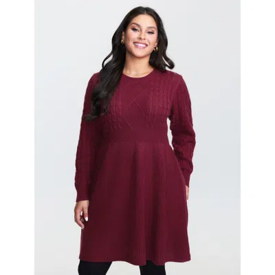 Bloomchic Women's Plus Size Textured Cinched-waist A-line Sweater Dress Deepred Solid Mini Cable Knit 10/m In Red
