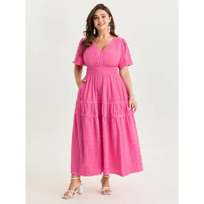 Bloomchic Women's Plus Size Textured Cinched-waist Maxi Dress Peach Solid Midi Elegant Smocked 10/m In Orange