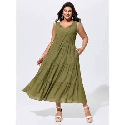 Bloomchic Women's Plus Size Textured Cinched-waist Tiered Maxi Dress Armygreen Solid Maxi Vacation Smocked 10/