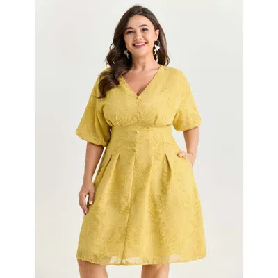 Bloomchic Women's Plus Size Textured Cinched-waist V-neck Mini Dress Mustardyellow Solid Midi Elegant Cable Kn