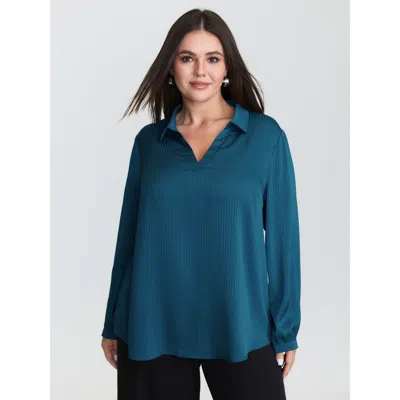 Bloomchic Women's Plus Size Textured Collar Pleated Blouse Aegean Solid Office Long Sleeve Collared Neck 12/l In Blue