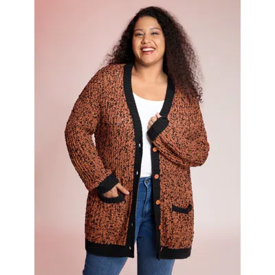 Bloomchic Women's Plus Size Textured Color Contrast Edges Pockets Cardigan Orangered Long Sleeve 10/m