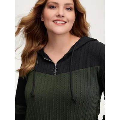 Bloomchic Women's Plus Size Textured Color Contrast Half-zipper Hoodie Armygreen Casual 10/m