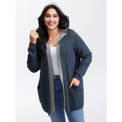 Bloomchic Women's Plus Size Textured Color Contrast Hooded Pocket Knit Cardigan Indigo Long Sleeve 10/m In Purple