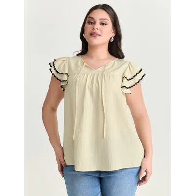 Bloomchic Women's Plus Size Textured Color Contrast Layered Sleeve Blouse Beige Elegant Short Sleeve 12/l In Sand