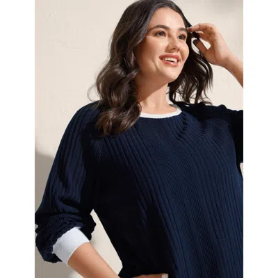 Bloomchic Women's Plus Size Textured Color Contrast Longline Sweatshirt Darkblue Plain Casual 22-24/3x In Blue