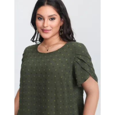 Bloomchic Women's Plus Size Textured Color Contrast Petal Sleeve Blouse Armygreen Solid Elegant Short Sleeve R