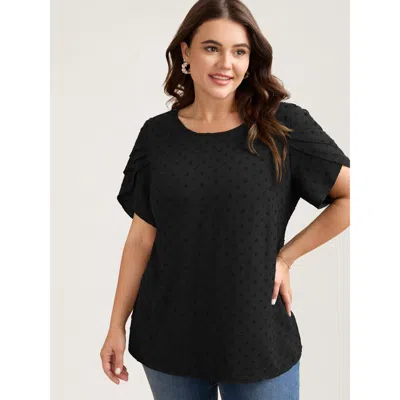 Bloomchic Women's Plus Size Textured Color Contrast Petal Sleeve Blouse Black Solid Elegant Short Sleeve Round
