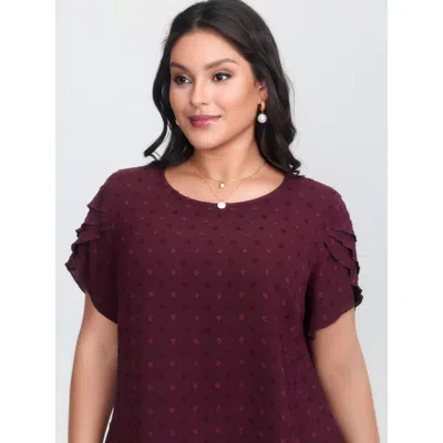 Bloomchic Women's Plus Size Textured Color Contrast Petal Sleeve Blouse Burgundy Solid Elegant Short Sleeve Ro