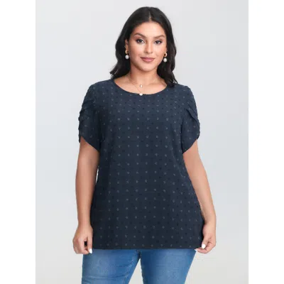Bloomchic Women's Plus Size Textured Color Contrast Petal Sleeve Blouse Indigo Solid Elegant Short Sleeve Roun In Purple