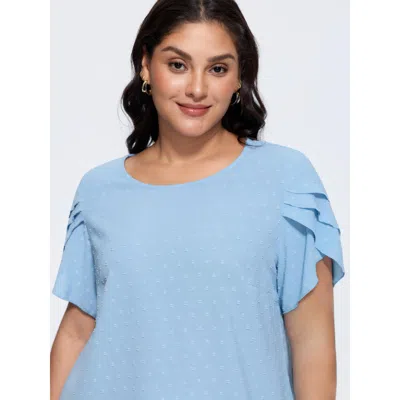 Bloomchic Women's Plus Size Textured Color Contrast Petal Sleeve Blouse Lightblue Solid Elegant Short Sleeve R In Blue