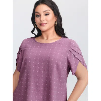 Bloomchic Women's Plus Size Textured Color Contrast Petal Sleeve Blouse Lilac Solid Elegant Short Sleeve Round In Purple
