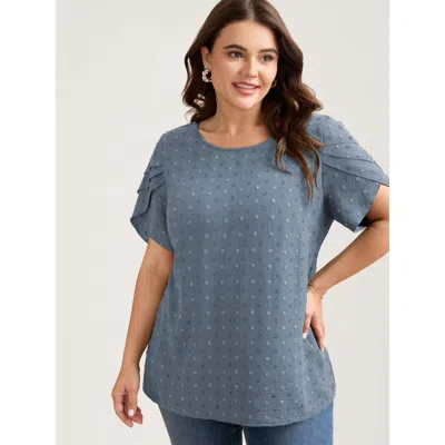 Bloomchic Women's Plus Size Textured Color Contrast Petal Sleeve Blouse Stone Solid Elegant Short Sleeve Round In Gray